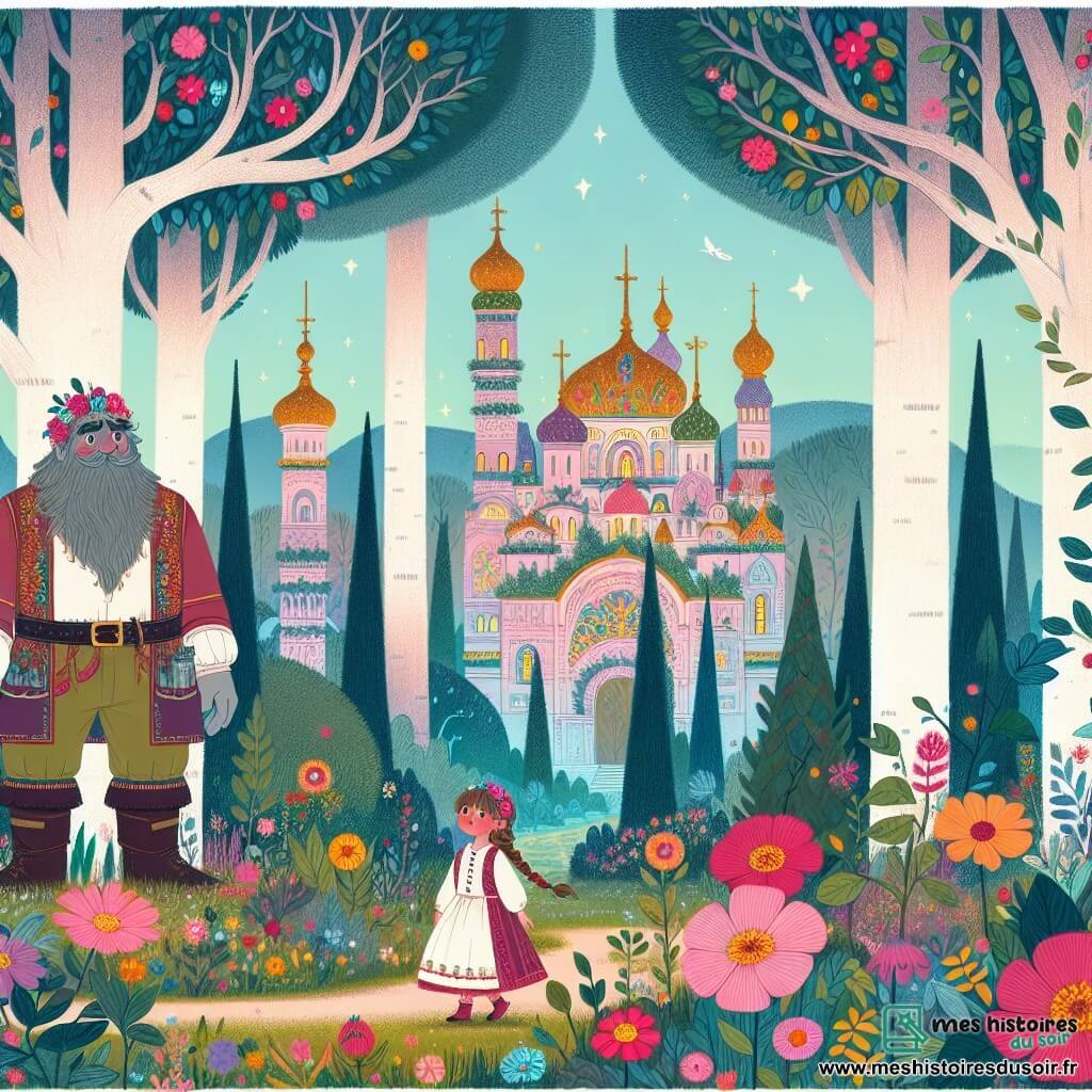 Une illustration destinée aux enfants représentant un géant bienveillant, une petite fille courageuse, et un royaume enchanté avec des arbres gigantesques et des fleurs aux couleurs éclatantes.