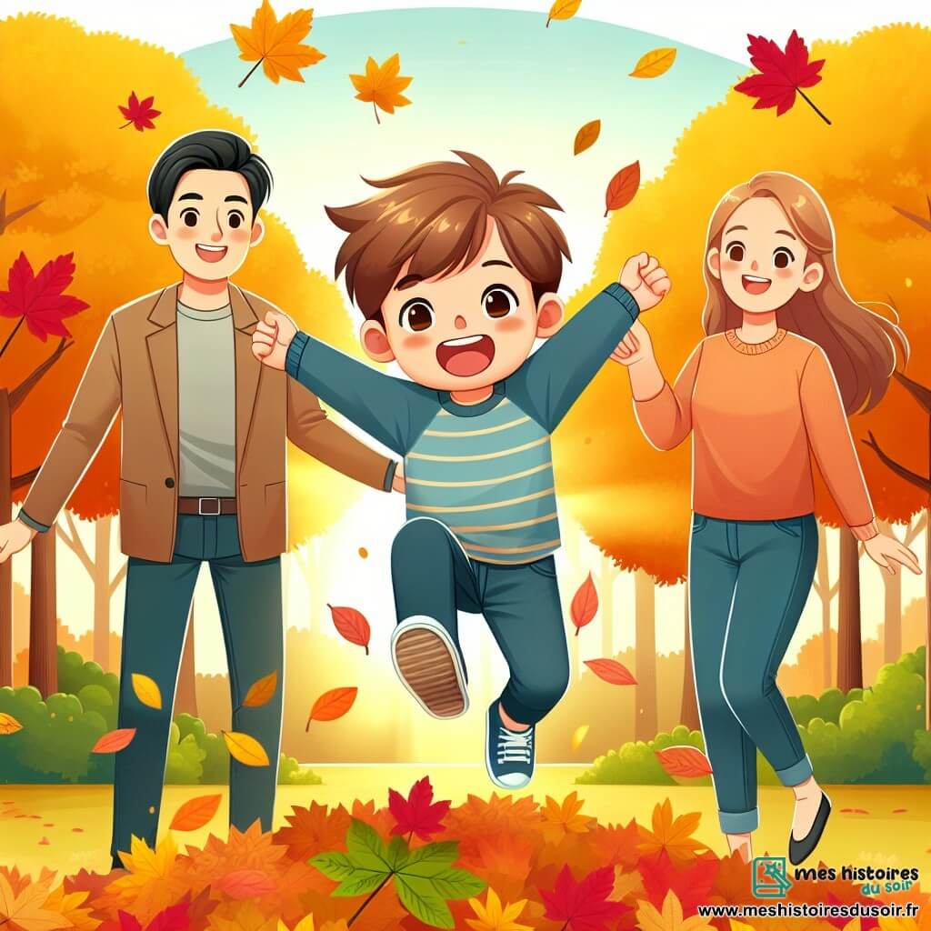 Une illustration destinée aux enfants représentant un petit garçon joyeux sautant dans un tas de feuilles mortes, accompagné de ses parents, dans un parc aux couleurs automnales éclatantes.