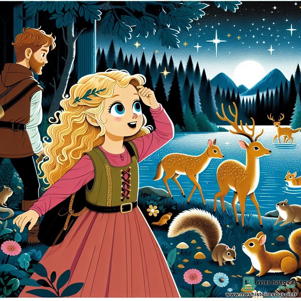 Une illustration destinée aux enfants représentant une fillette aux boucles blondes en train de découvrir une forêt enchantée en compagnie de sa famille, entourée d'écureuils espiègles et de cerfs majestueux, au bord d'un lac scintillant où les étoiles brillent dans le ciel sombre.
