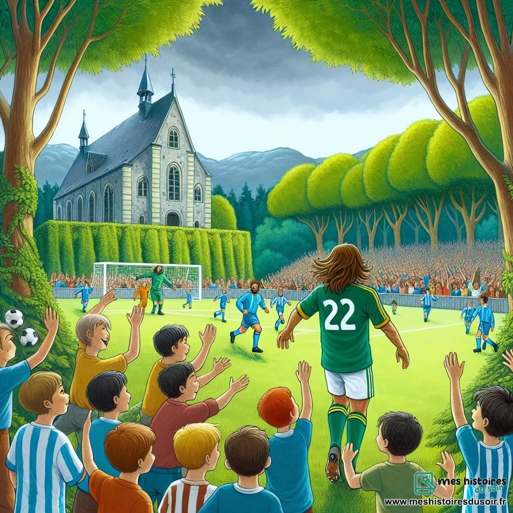 Une illustration destinée aux enfants représentant un jeune homme passionné de football, qui rencontre son idole lors d'un match palpitant dans un parc verdoyant de la petite ville de Clairville, entouré de grands arbres majestueux et de supporters enthousiastes.