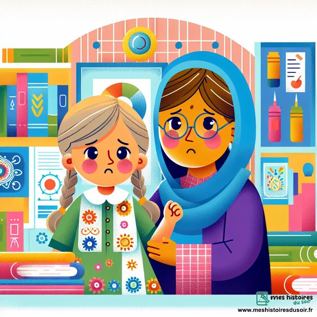 Une illustration destinée aux enfants représentant une jeune fille malade et fatiguée, accompagnée de sa douce maman attentionnée, dans une chambre lumineuse et chaleureuse remplie de livres et de dessins colorés.