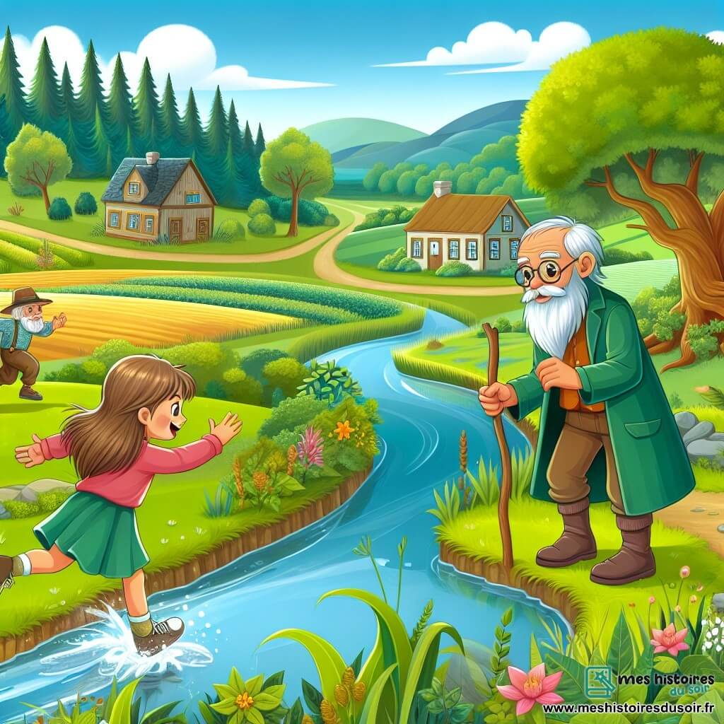 Une illustration destinée aux enfants représentant une jeune fille pleine de vie découvrant les changements de la nature le long d'une rivière, accompagnée de son grand-père sage, dans un village paisible entouré de champs verdoyants et d'une forêt luxuriante.