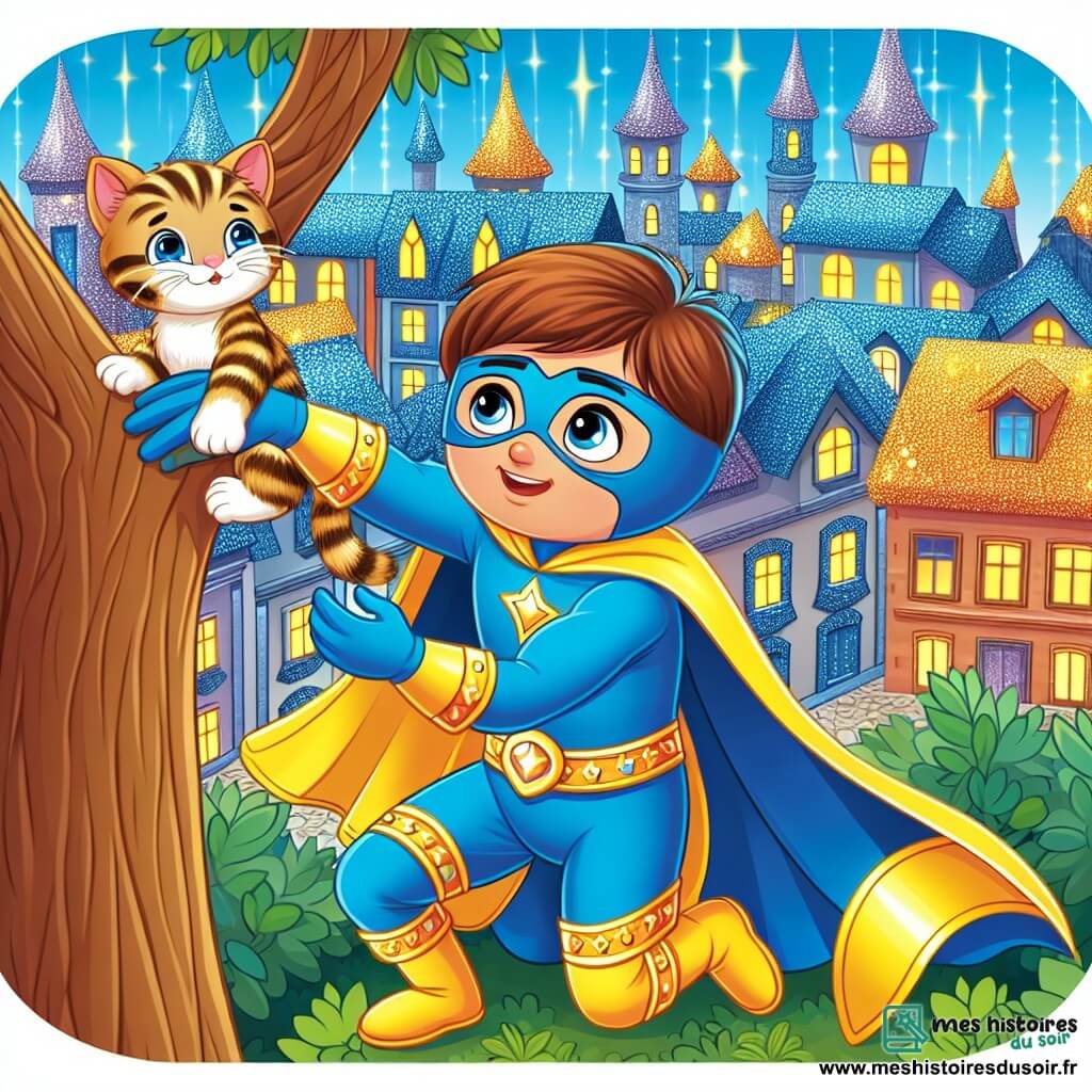 Une illustration destinée aux enfants représentant un super-héros courageux vêtu d'un costume bleu et jaune, aidant un petit chaton coincé dans un arbre, avec en arrière-plan la ville fantastique de Cristallia, peuplée de maisons aux toits scintillants et de tours étincelantes.