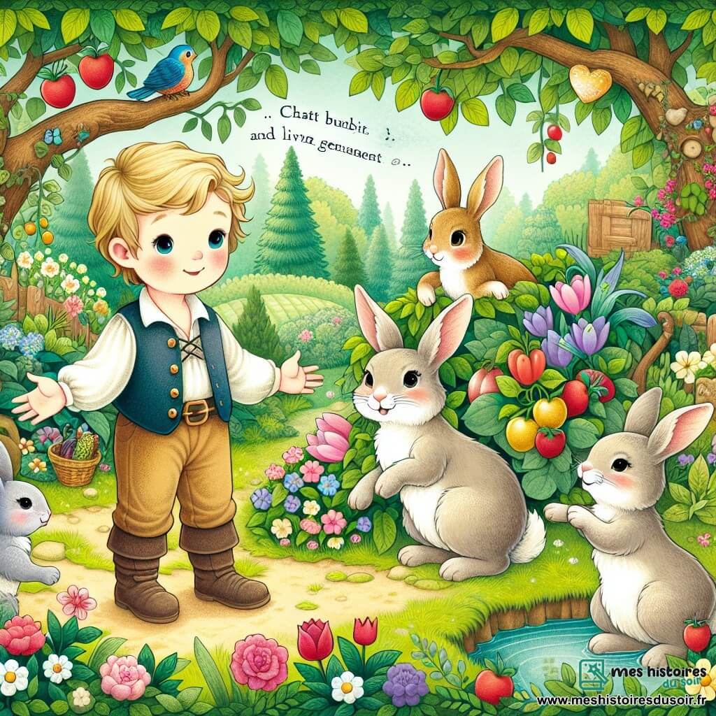 Une illustration destinée aux enfants représentant un petit garçon, entouré de lapins bavards et d'un Lapin de Pâques vivant, dans un jardin enchanté luxuriant rempli de fleurs colorées, d'arbres fruitiers et d'un étang paisible.