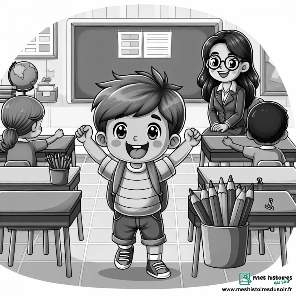 Une illustration destinée aux enfants représentant un petit garçon plein d'énergie le jour de sa rentrée des classes, entouré de nouveaux amis, dans une classe colorée avec des tables, des chaises et des crayons alignés parfaitement, sous le regard bienveillant d'une maîtresse souriante.
