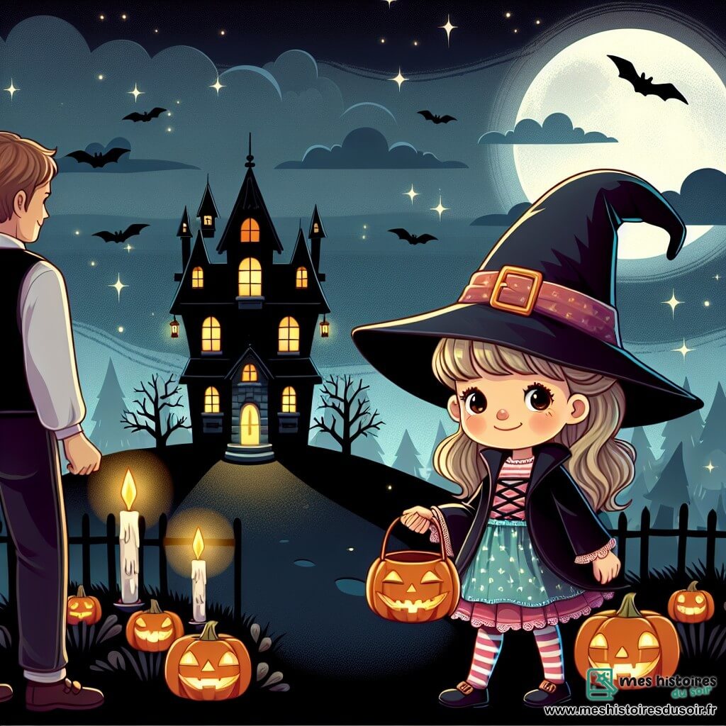 Une illustration destinée aux enfants représentant une petite fille déguisée en sorcière, faisant la chasse aux bonbons avec ses parents, devant une vieille maison hantée au sommet d'une colline, illuminée par des chandelles vacillantes.