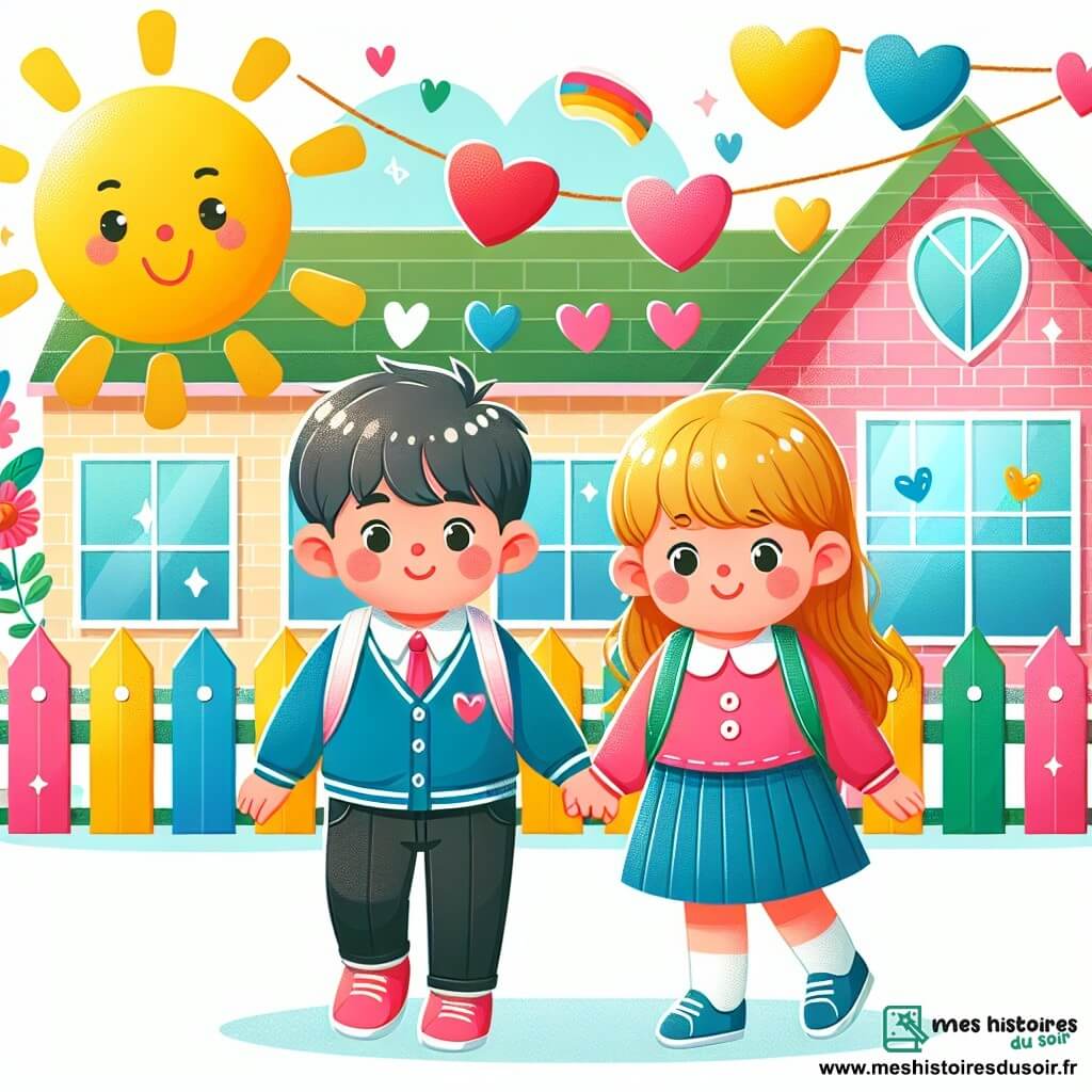 Une illustration destinée aux enfants représentant un petit garçon, une fille, une école colorée aux murs décorés de cœurs et de guirlandes, le tout illuminé par un soleil radieux.