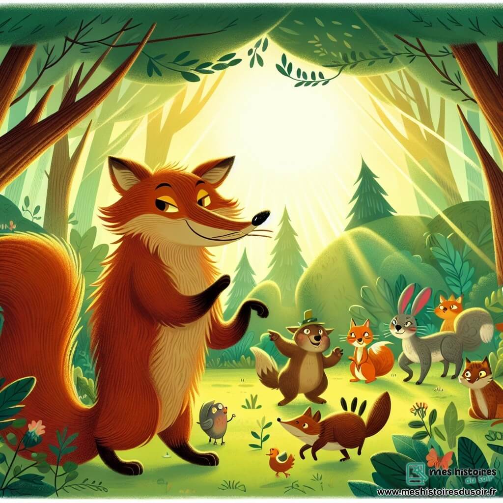 Une illustration destinée aux enfants représentant un rusé animal à la fourrure rousse concoctant des farces farfelues avec ses amis animaux dans une clairière ensoleillée de la forêt enchantée.