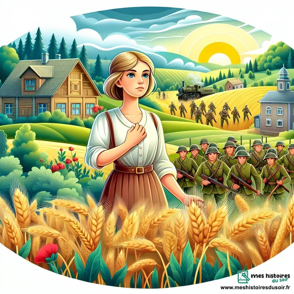 Une illustration destinée aux enfants représentant une femme au cœur vaillant, confrontée à la guerre, accompagnée de soldats en uniforme, dans une petite ferme au cœur d'une campagne verdoyante, avec des champs de blé ondulant sous le soleil.