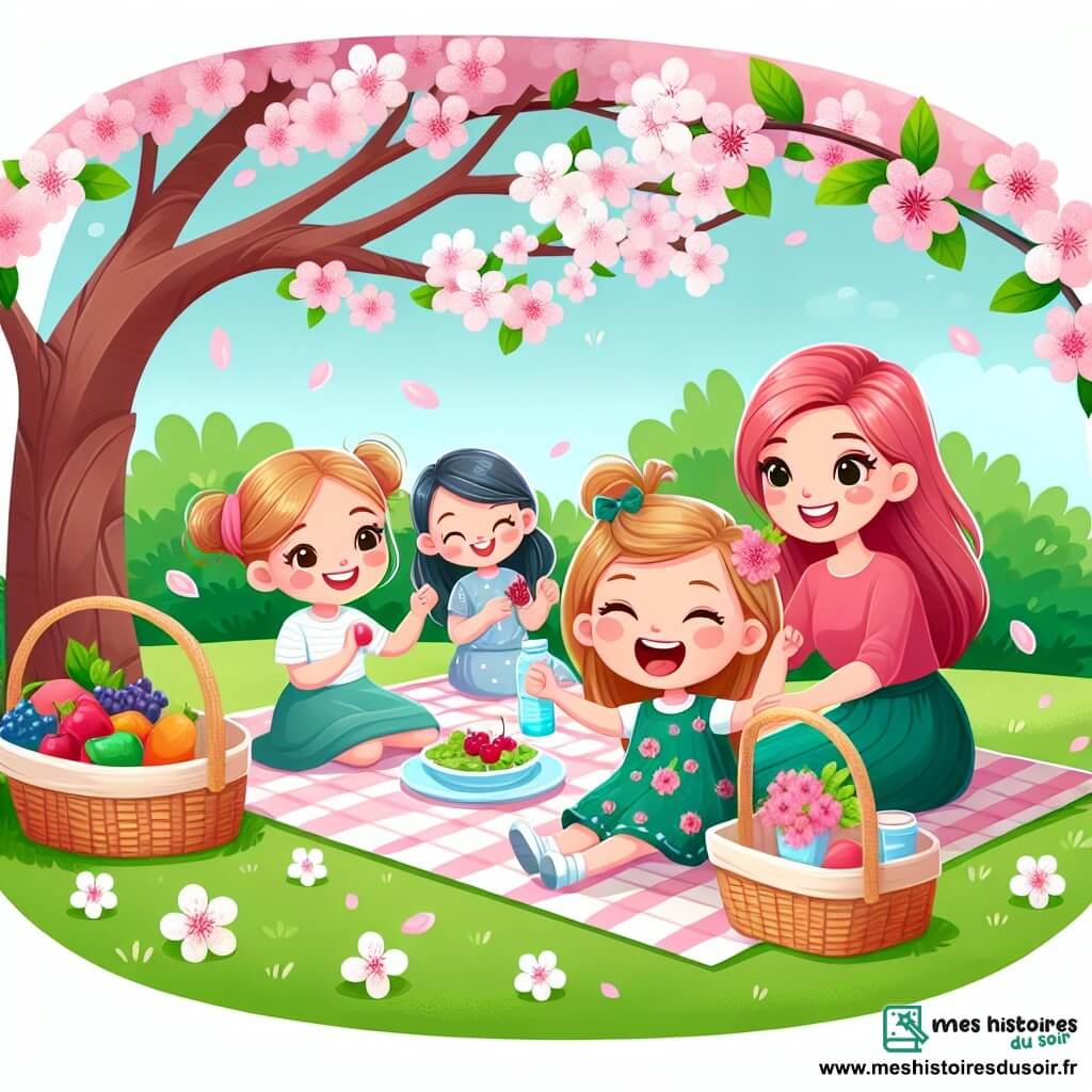 Une illustration destinée aux enfants représentant une petite fille épanouie, entourée de ses amis et de sa maman, partageant un pique-nique sous un cerisier en fleurs dans un parc verdoyant au printemps.