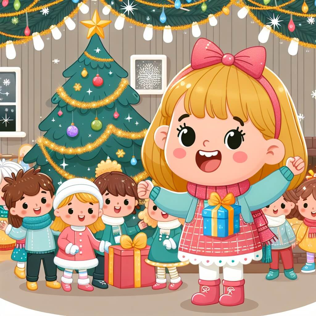 Une illustration destinée aux enfants représentant une petite fille joyeuse et impatiente, entourée de ses amis, dans une maison décorée avec des guirlandes scintillantes et un sapin de Noël magnifiquement décoré, en préparation du réveillon du nouvel an.