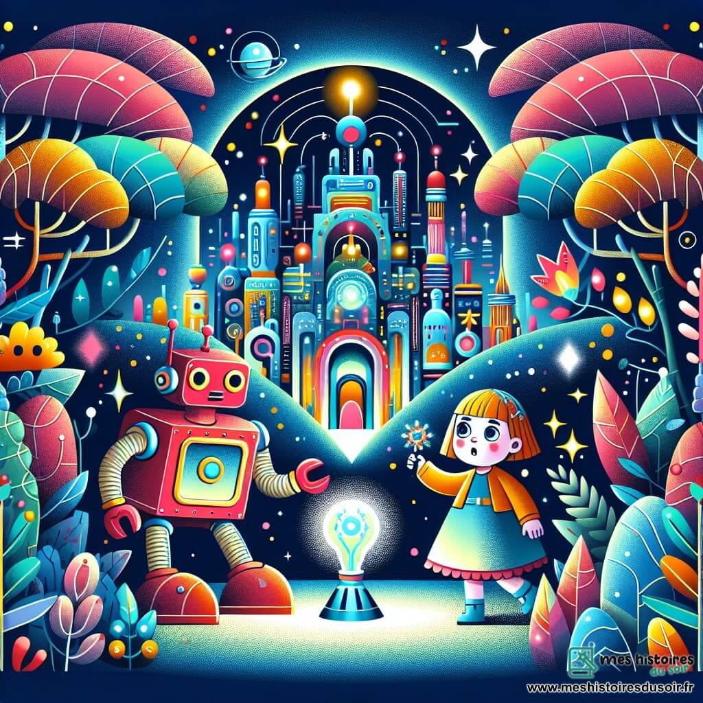 Une illustration destinée aux enfants représentant une fillette curieuse explorant une cité futuriste aux couleurs éclatantes, accompagnée d'un robot rouge perdu, dans un jardin secret aux plantes exotiques scintillantes et un arbre lumineux au cœur de la Cité des Robots.