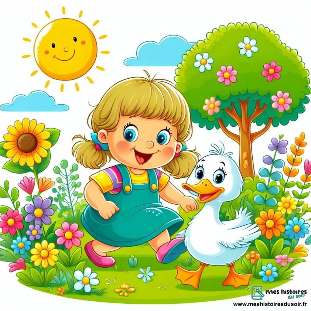 Une illustration destinée aux enfants représentant une petite fille espiègle en train de jouer avec son meilleur ami, un canard rigolo, dans un jardin ensoleillé rempli de fleurs colorées et d'herbe verte.