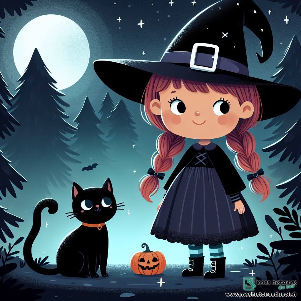 Une illustration destinée aux enfants représentant une fillette déguisée en sorcière, accompagnée d'un chat noir mystérieux, se tenant à la lisière d'une forêt sombre et brumeuse lors de la nuit d'Halloween.