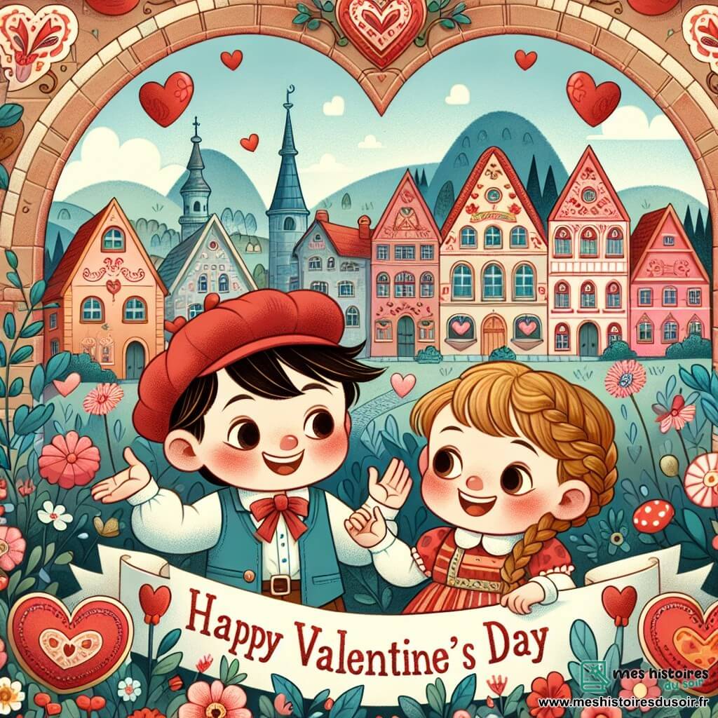 Une illustration destinée aux enfants représentant un jeune garçon espiègle, sur le point de percer le mystère de la Saint-Valentin avec sa petite sœur, dans le charmant village pittoresque de Valentinville, décoré de cœurs rouges et de fleurs parfumées.