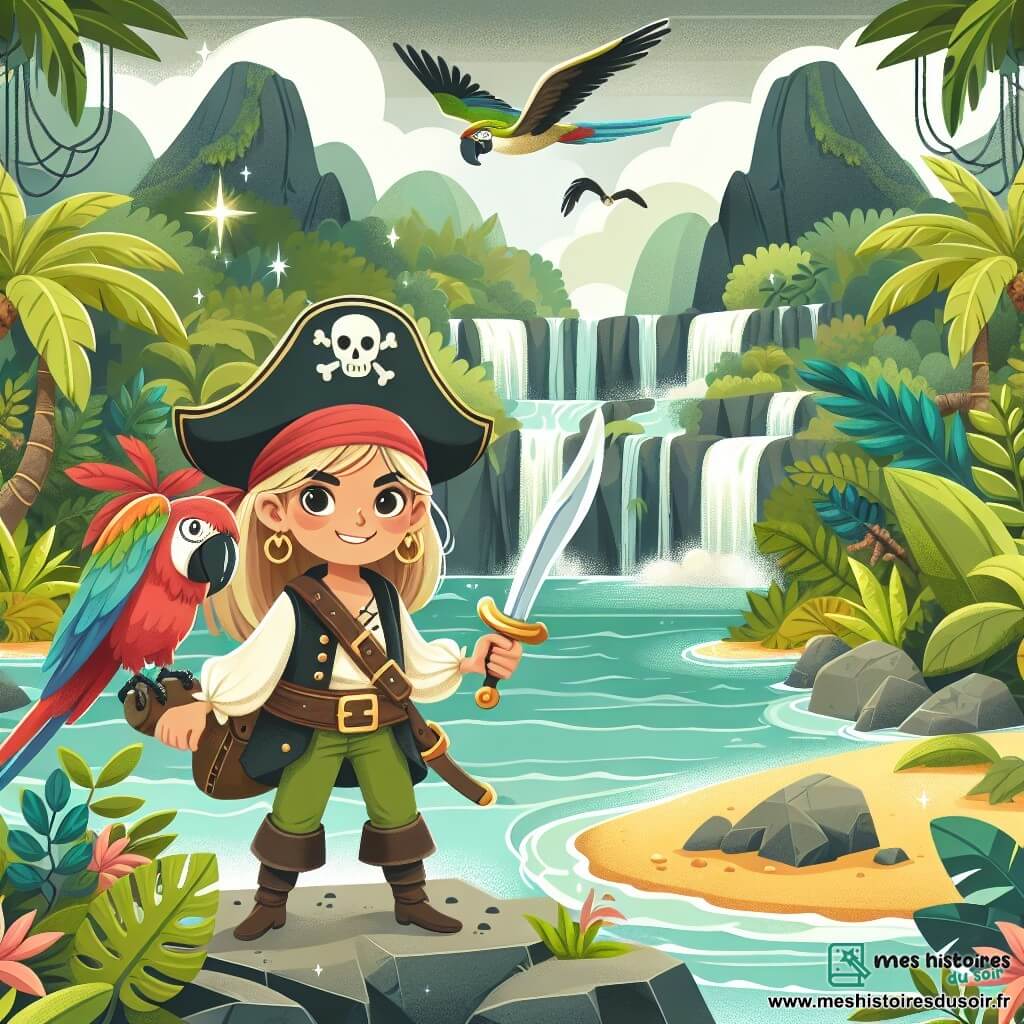 Une illustration destinée aux enfants représentant une courageuse pirate femme en pleine aventure pour retrouver un trésor légendaire, accompagnée de son fidèle perroquet mâle, sur une île mystérieuse aux jungles luxuriantes et aux cascades scintillantes.