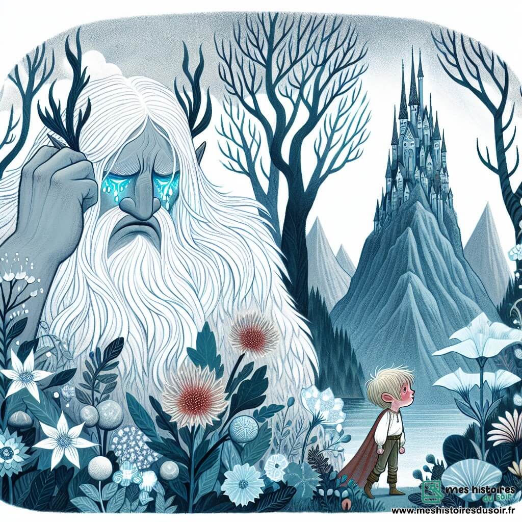 Une illustration destinée aux enfants représentant un géant aux cheveux argentés pleurant des larmes scintillantes, accompagné d'un jeune garçon intrépide, dans un royaume caché au sommet d'une montagne aux fleurs magiques et aux arbres géants aux feuilles argentées.