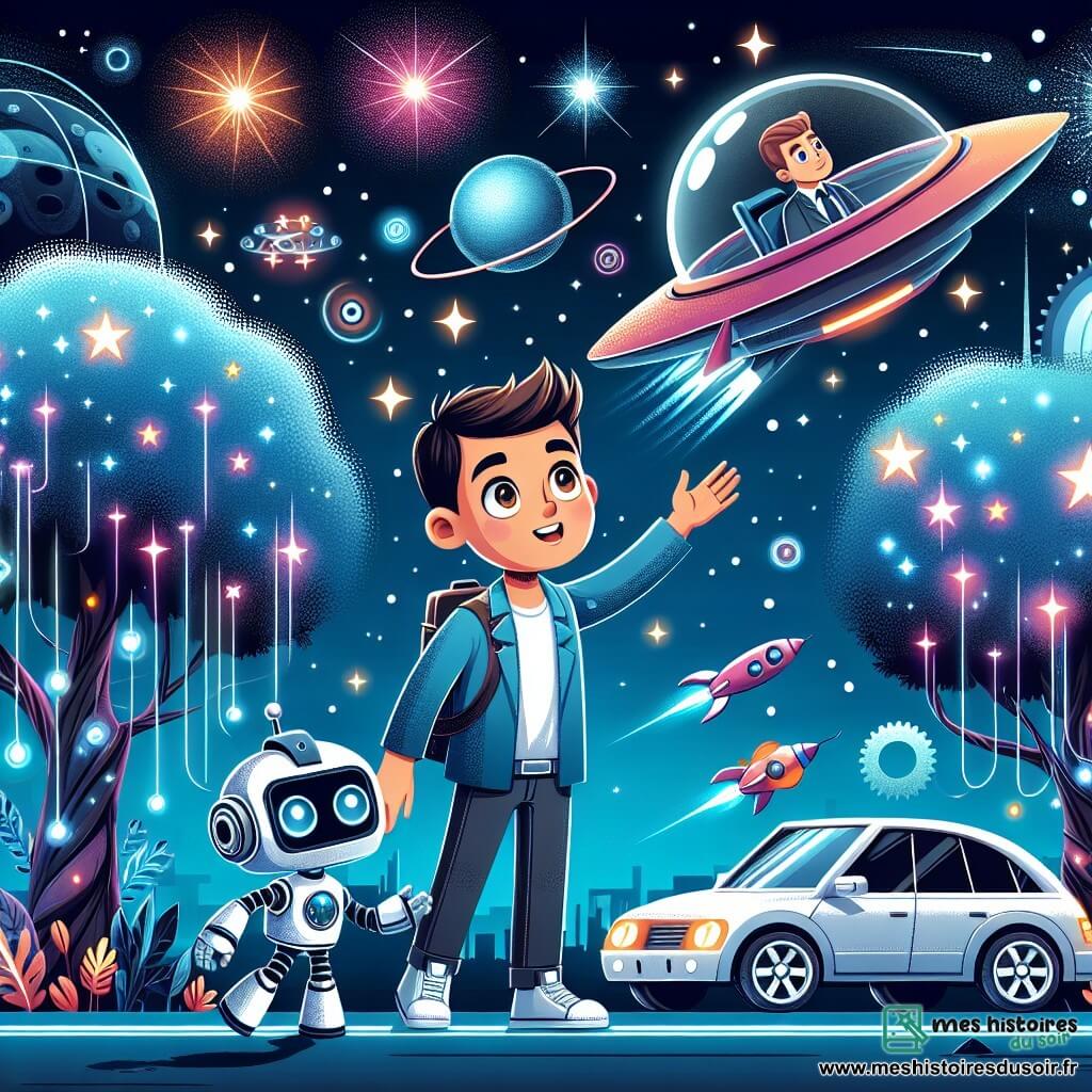 Une illustration destinée aux enfants représentant un homme passionné des étoiles, prêt à embarquer dans un vaisseau spatial, accompagné d'un adorable robot, sur une planète futuriste aux arbres lumineux, aux voitures volantes et aux animaux aux capacités étonnantes.