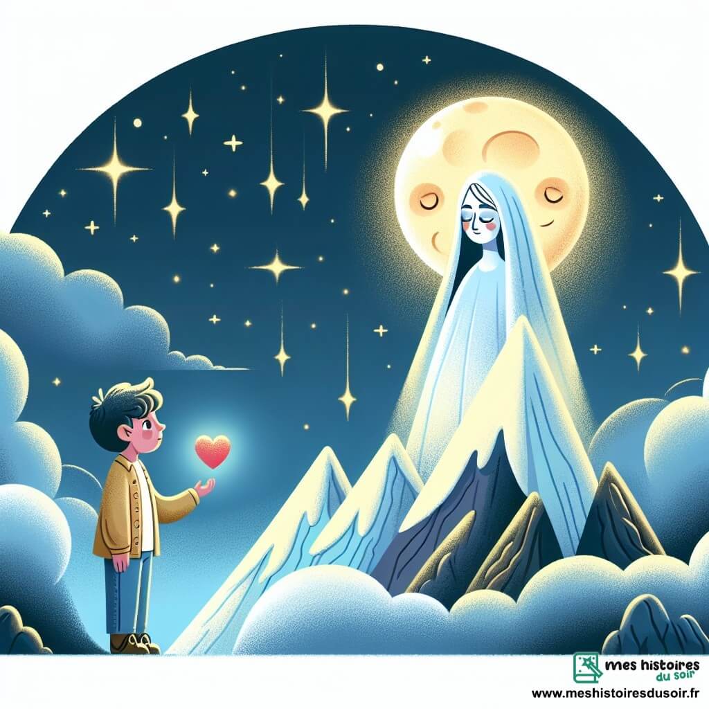 Une illustration destinée aux enfants représentant un jeune garçon curieux se tenant aux côtés d'un Petit Cœur lumineux, rencontrant la Lune Sage, une figure féminine bienveillante et lumineuse, au sommet de la Montagne des Mystères, une montagne majestueuse entourée de brumes mystérieuses et d'étoiles scintillantes.