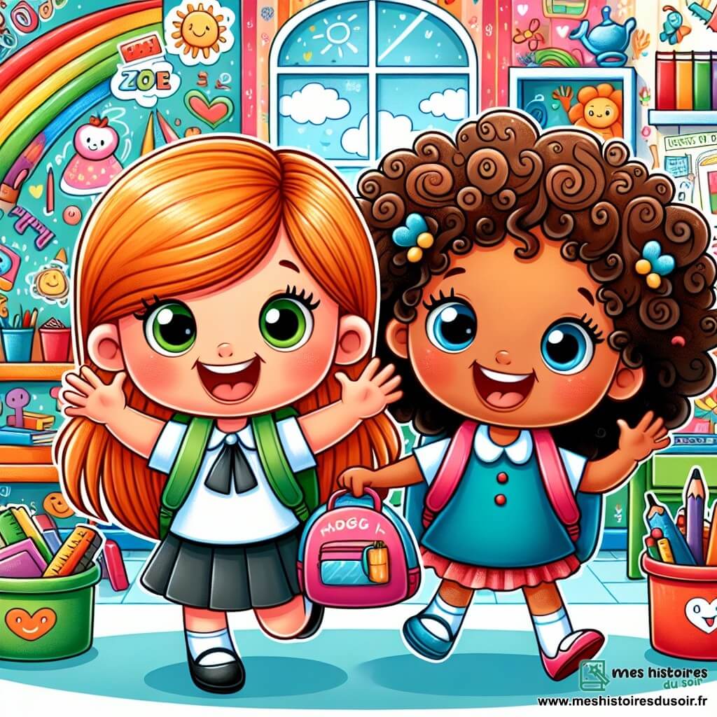 Une illustration destinée aux enfants représentant une petite fille pleine de vie et d'enthousiasme le jour de la rentrée des classes, accompagnée de son amie Zoé, une fillette aux cheveux bouclés, dans une salle de classe colorée et animée par des dessins joyeux sur les murs et des étagères remplies de livres et de jouets.