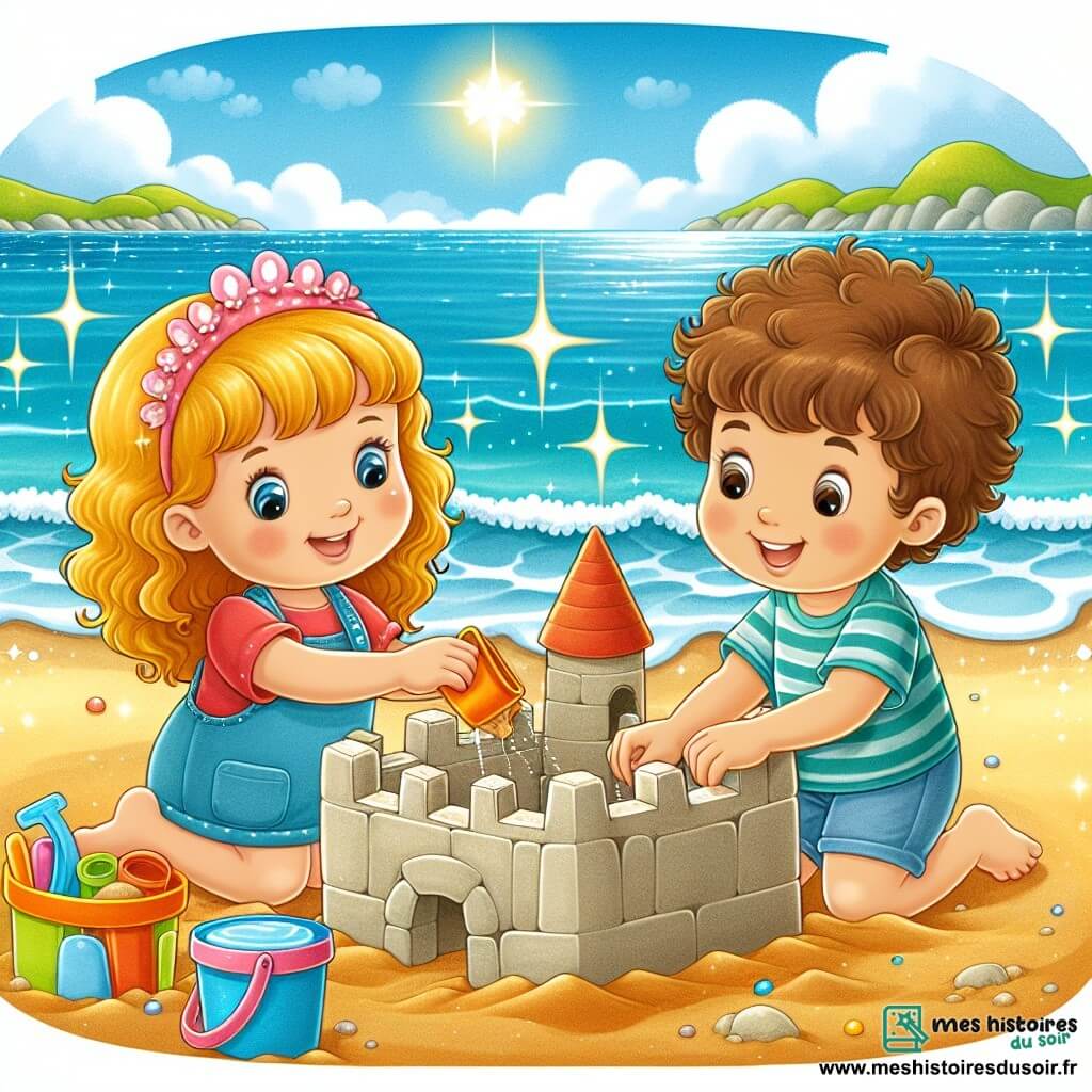 Une illustration destinée aux enfants représentant une fillette joyeuse construisant un château de sable avec son nouvel ami, un garçon aux cheveux bouclés, sur une plage ensoleillée bordée par l'océan scintillant.