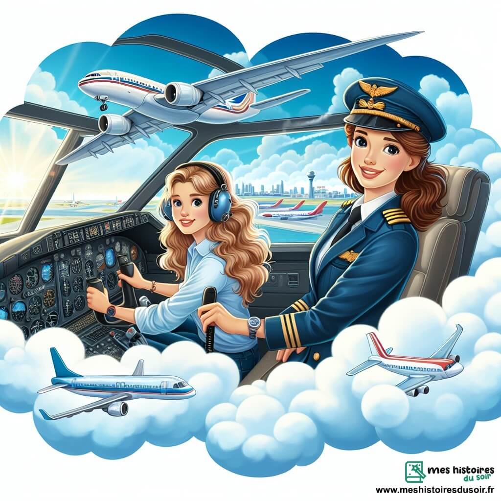 Une illustration destinée aux enfants représentant une femme passionnée par l'aviation, faisant un vol d'essai dans le cockpit d'un avion, accompagnée d'une pilote expérimentée, surplombant un aéroport animé par des avions décollant et atterrissant, avec des nuages blancs et un ciel bleu azur en arrière-plan.