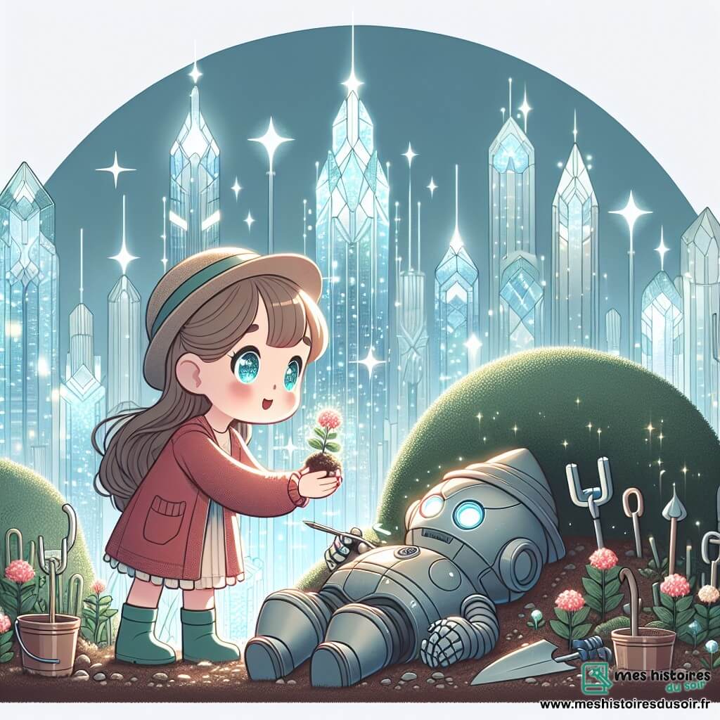 Une illustration destinée aux enfants représentant une fille aux yeux pétillants découvrant un robot jardinier endormi sous un buisson, dans la ville futuriste de Cristalia, entièrement construite en verre et en métal étincelants.
