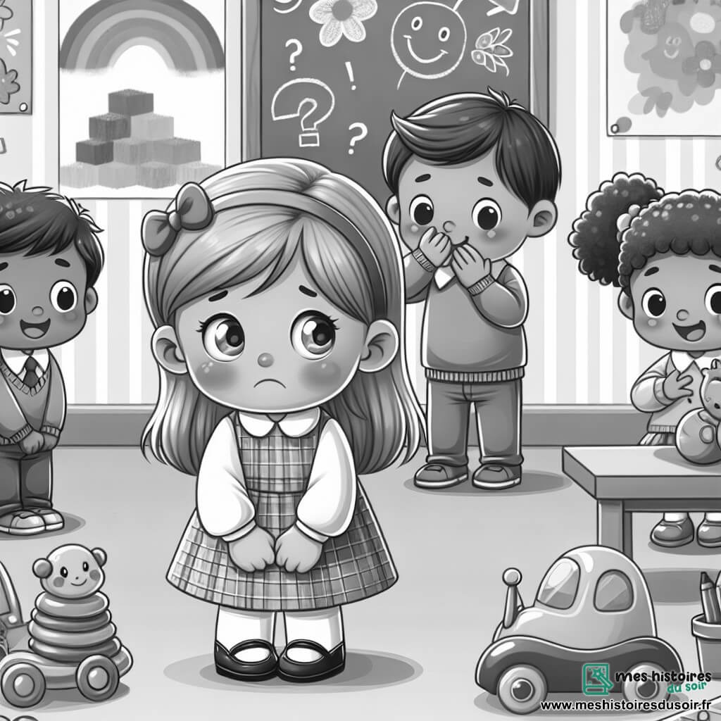 Une illustration destinée aux enfants représentant une petite fille timide découvrant l'école, accompagnée de nouveaux amis joyeux, dans une salle de classe colorée avec des dessins sur les murs et des jouets éparpillés.