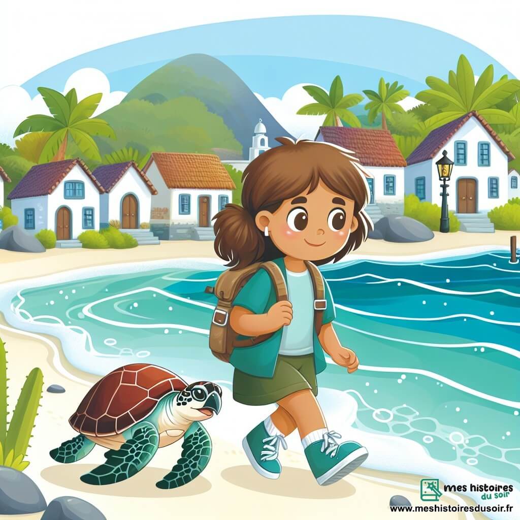 Une illustration destinée aux enfants représentant une jeune fille intrépide, accompagnée d'une tortue de mer blessée, qui s'engage dans une aventure passionnante pour protéger la nature et lutter contre le changement climatique, dans une petite ville côtière entourée de plages de sable blanc et d'eaux turquoise scintillantes.