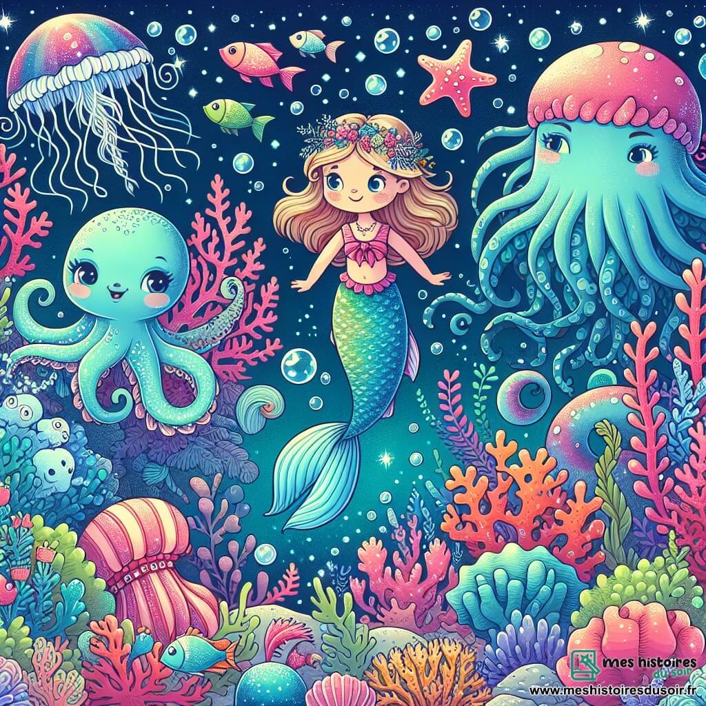 Une illustration destinée aux enfants représentant une sirène étincelante, une petite fille intrépide, et un kraken farceur, évoluant dans un royaume sous-marin aux coraux chatoyants, aux poissons multicolores et aux méduses lumineuses.