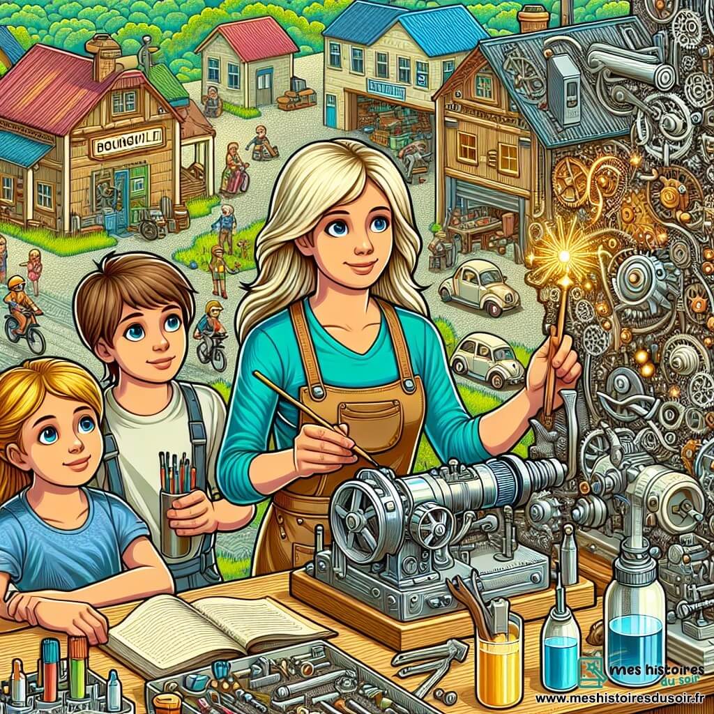 Une illustration destinée aux enfants représentant une femme inventeuse talentueuse, accompagnée de deux enfants émerveillés, dans son atelier rempli de machines brillantes et colorées, situé dans la petite ville de Bourgville.
