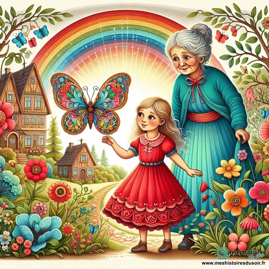 Une illustration destinée aux enfants représentant une petite fille à la robe rouge découvrant un papillon magique dans un jardin enchanté, accompagnée de sa grand-mère aux cheveux argentés, entourées de fleurs multicolores et d'un arc-en-ciel lumineux, dans un petit village au cœur de la campagne.