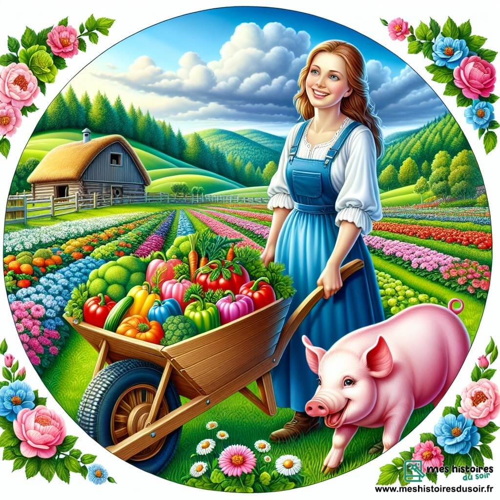 Une illustration destinée aux enfants représentant une femme souriante, vêtue d'une salopette bleue, tenant une brouette remplie de légumes frais, accompagnée d'un adorable cochon rose, dans un magnifique champ verdoyant bordé de fleurs colorées, entouré de collines verdoyantes et d'une ferme traditionnelle en bois avec un toit de chaume, évoquant ainsi l'histoire d'une agricultrice passionnée et de sa ferme enchantée.