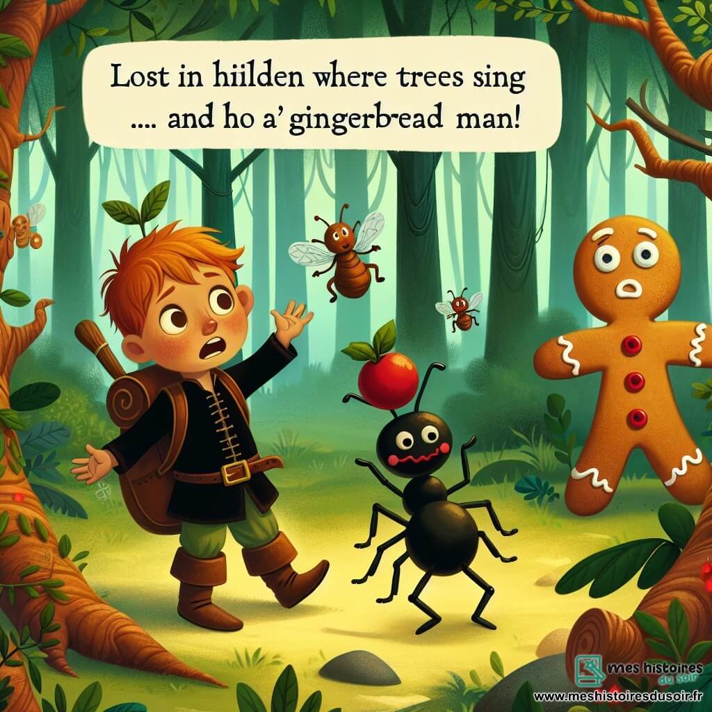Une illustration destinée aux enfants représentant un petit garçon perdu dans une forêt magique où les arbres chantent, accompagné d'une fourmi jongleuse et d'un bonhomme en pain d'épice en détresse.