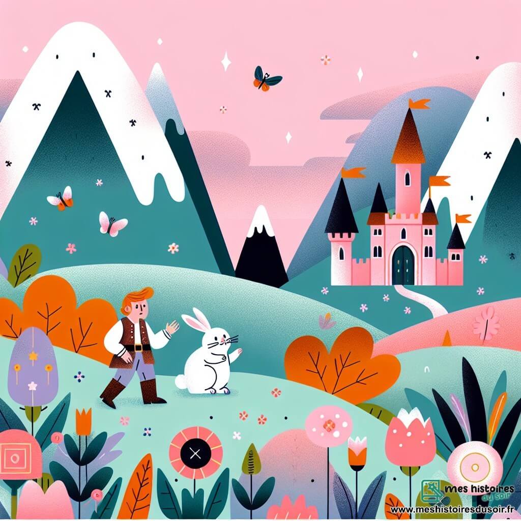 Une illustration destinée aux enfants représentant une princesse maladroite explorant une montagne mystérieuse en compagnie d'un lapin blanc, dans un château rose bonbon au milieu d'une vaste prairie parsemée de fleurs multicolores.