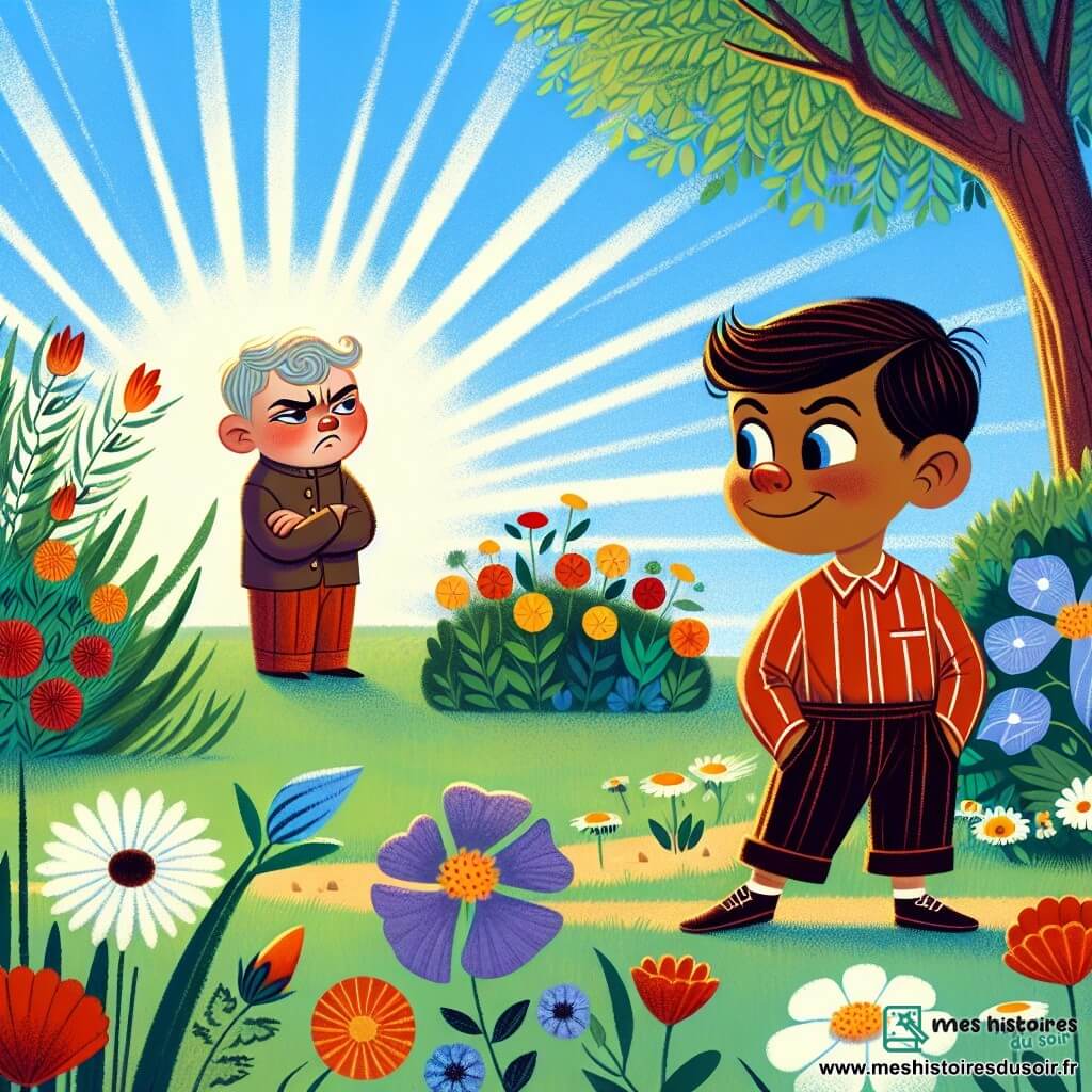 Une illustration destinée aux enfants représentant un garçon espiègle confronté à la tentation du mensonge, un ami triste et méfiant, dans un parc ensoleillé aux arbres verts et aux fleurs colorées.