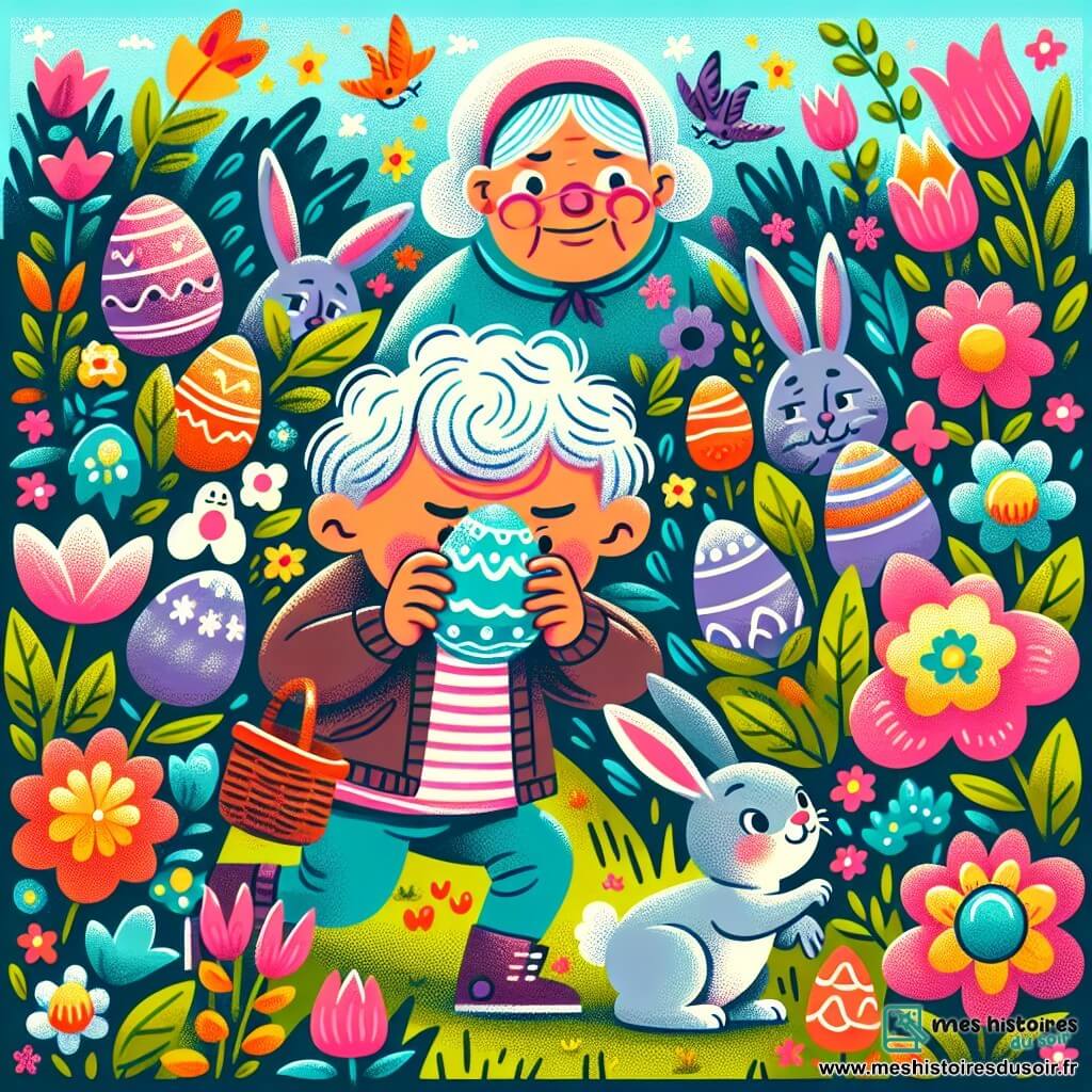 Une illustration destinée aux enfants représentant un garçon espiègle à la recherche d'œufs en chocolat cachés par des lapins magiques dans un jardin coloré rempli de fleurs et d'arbustes, sous le regard bienveillant de sa grand-mère.
