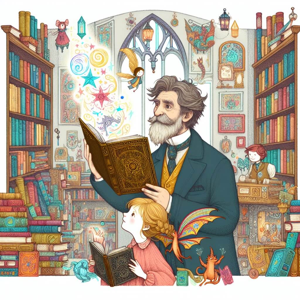 Une illustration destinée aux enfants représentant un homme aux cheveux bruns, émerveillé par un livre magique, accompagné d'une jeune fille, dans une petite boutique de librairie remplie de livres colorés et de créatures fantastiques.