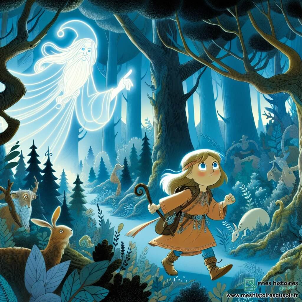 Une illustration destinée aux enfants représentant une petite fille courageuse voyageant à travers le temps avec l'aide d'un mystérieux Gardien lumineux, à travers une forêt dense aux arbres immenses et aux animaux étranges.
