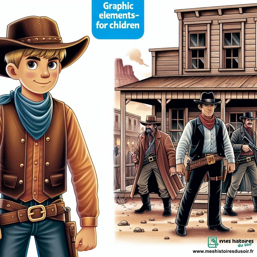 Une illustration destinée aux enfants représentant un jeune cow-boy courageux se tenant devant un saloon poussiéreux, prêt à affronter une bande de hors-la-loi menée par un redoutable bandit, dans une petite ville de l'Ouest sauvage des États-Unis.