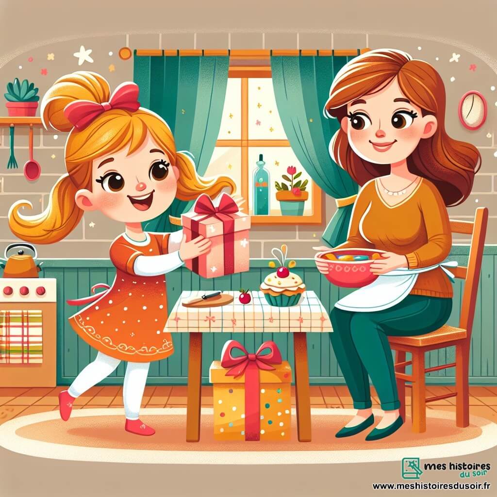 Une illustration destinée aux enfants représentant une fille pleine d'énergie et d'imagination préparant un cadeau pour sa maman chérie, accompagnée d'une maman aimante, dans une petite cuisine chaleureuse et colorée.