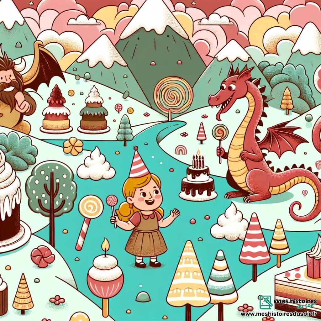 Une illustration destinée aux enfants représentant une fillette, une fête d'anniversaire surprise, un dragon amical et un monde enchanté rempli de montagnes de crème chantilly, de rivières de chocolat et d'arbres en bonbons.