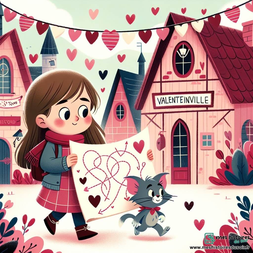 Une illustration destinée aux enfants représentant une fillette curieuse et douce suivant des cœurs dessinés sur une carte mystérieuse, accompagnée de son ami Tom, dans le village enchanté de Valentinville décoré de guirlandes rouges et roses.