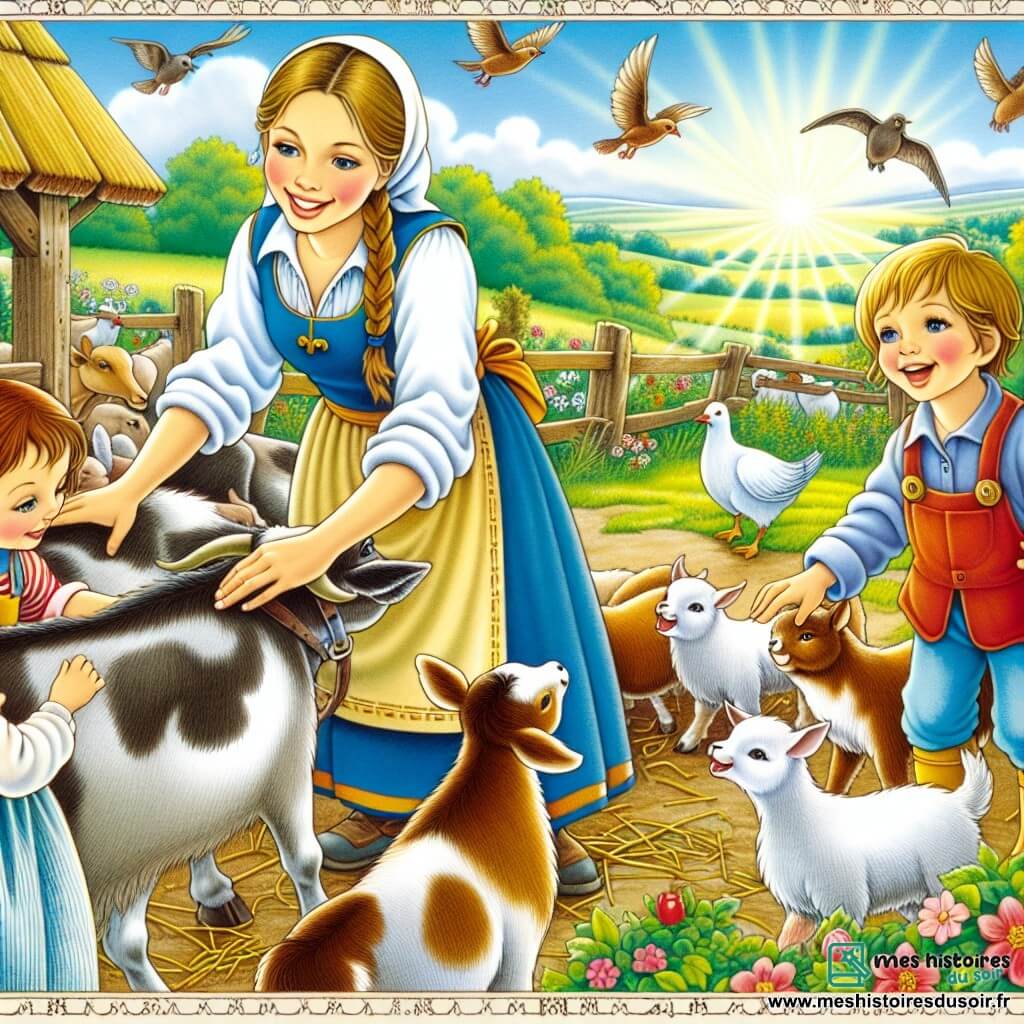 Une illustration destinée aux enfants représentant une fermière souriante s'occupant de ses animaux avec l'aide de deux enfants curieux, dans une ferme colorée et animée par le chant des oiseaux et le bruit des animaux.