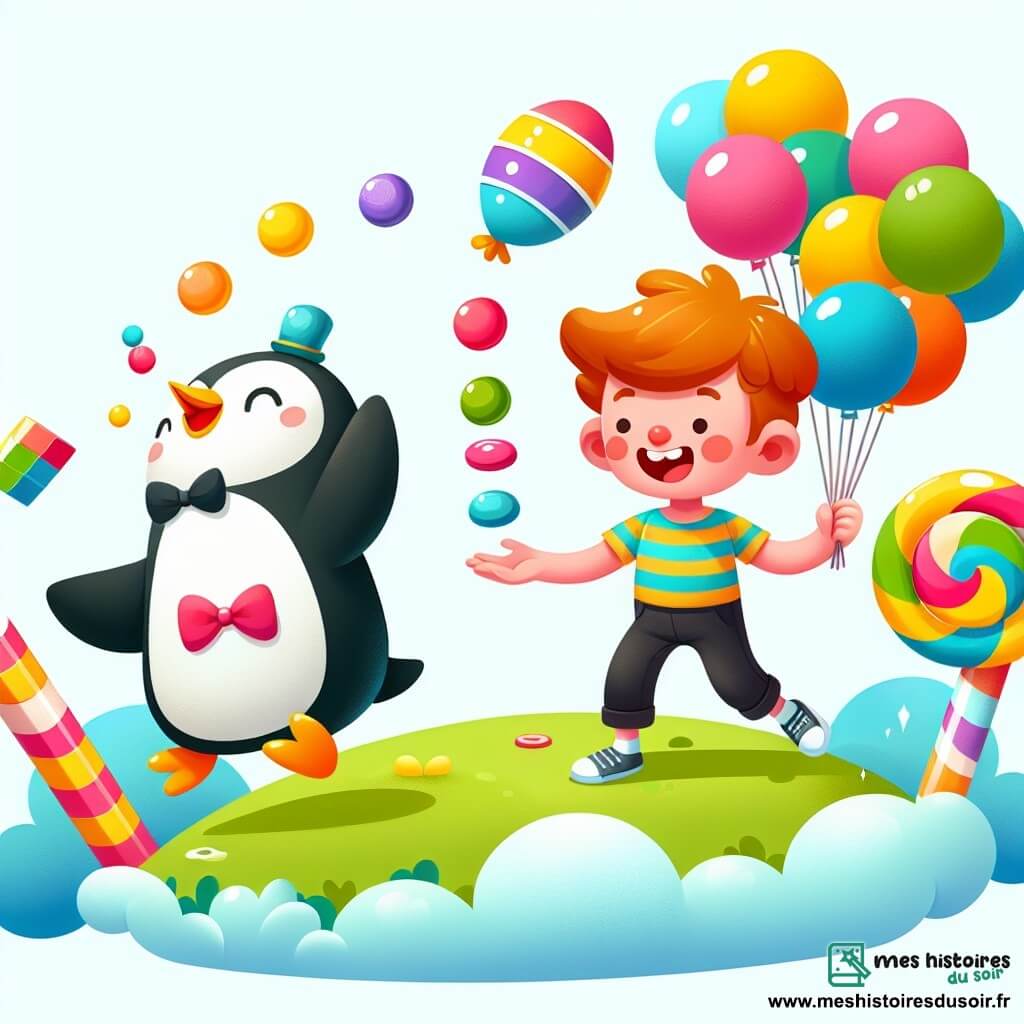 Une illustration destinée aux enfants représentant un petit garçon espiègle se retrouvant à danser avec un pingouin jongleur sur une île flottante faite de bonbons multicolores et de nuages en forme de ballons.