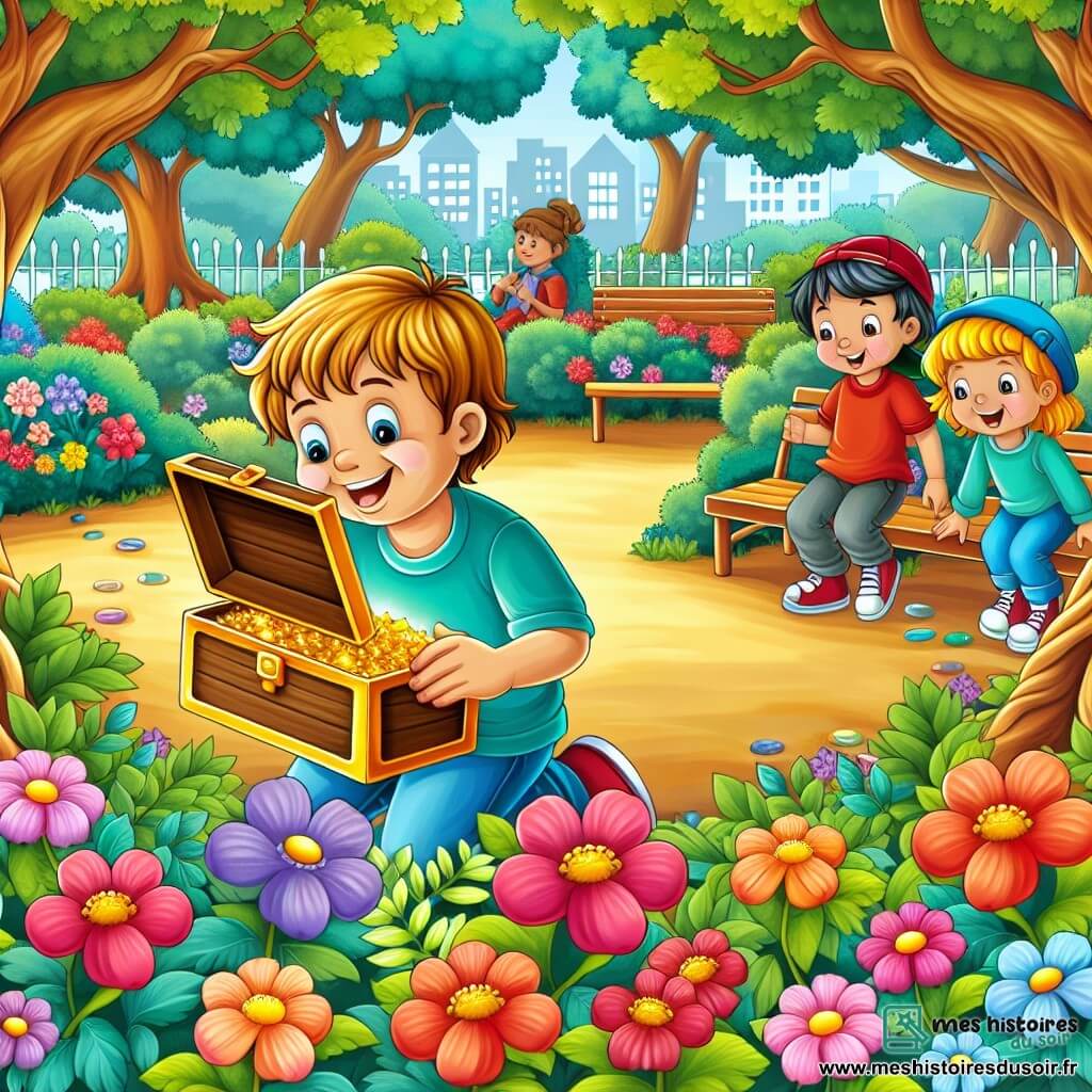 Une illustration destinée aux enfants représentant un petit garçon rigolo et curieux découvrant un trésor avec ses amis, une fille et un garçon, dans un parc plein de fleurs colorées, d'arbres majestueux et de bancs accueillants.