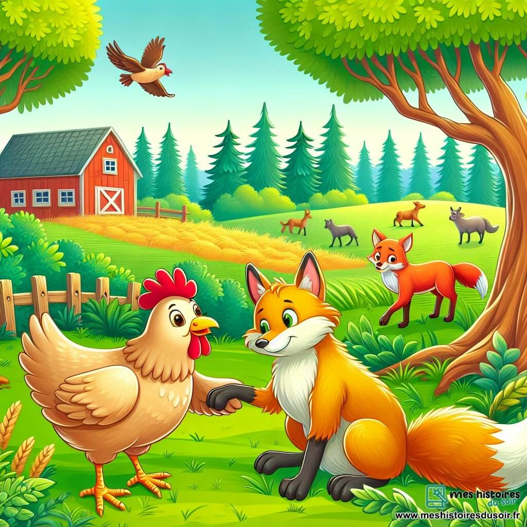 Une illustration destinée aux enfants représentant une poule courageuse, une situation d'entraide avec un renard malicieux, dans une ferme pittoresque entourée de champs verdoyants et d'arbres majestueux.
