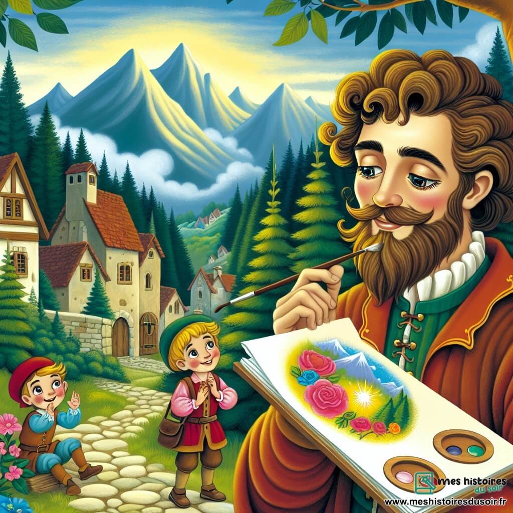 Une illustration destinée aux enfants représentant un homme mystérieux aux yeux étincelants, en train de créer des œuvres d'art magiques dans son atelier secret au fond de la forêt, accompagné de deux enfants curieux et fascinés, dans un village pittoresque niché au creux des montagnes.