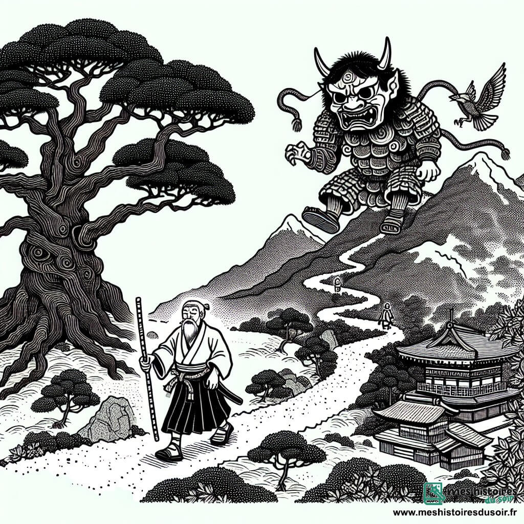 Une illustration destinée aux enfants représentant un homme avide et avare, guidé par un Tengu mi-humain, mi-oiseau, à travers les sentiers escarpés d'une montagne japonaise dense de verdure et ornée d'un arbre centenaire majestueux.