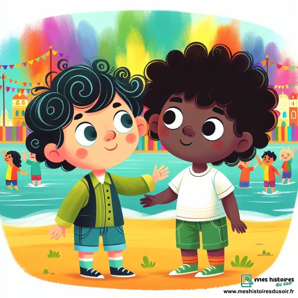 Une illustration destinée aux enfants représentant un garçon aux yeux curieux et aux cheveux bouclés, faisant de nouveaux amis avec un garçon aux boucles noires, lors d'une Fête des Couleurs animée et colorée au bord de la mer.